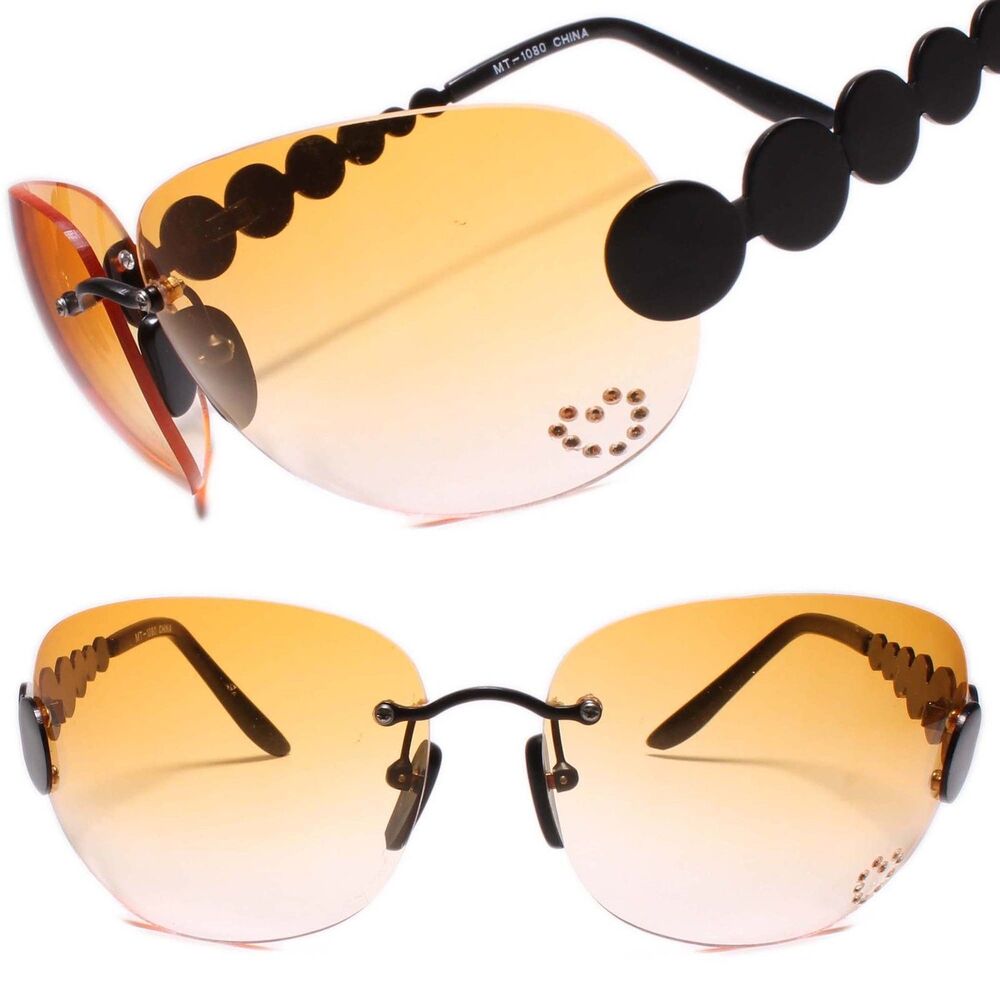 Classic Vintage Retro Style 80s Party Black & Orange Oval Rimless Sunglasses